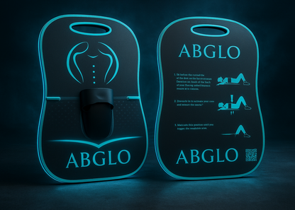 ABGLO product packaging with branding and product details on a dark background