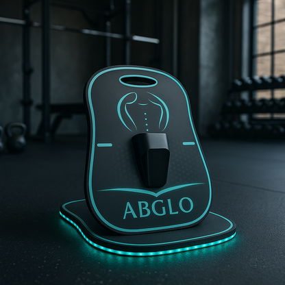 Glowing ABGLO product on a stand in a gym setting